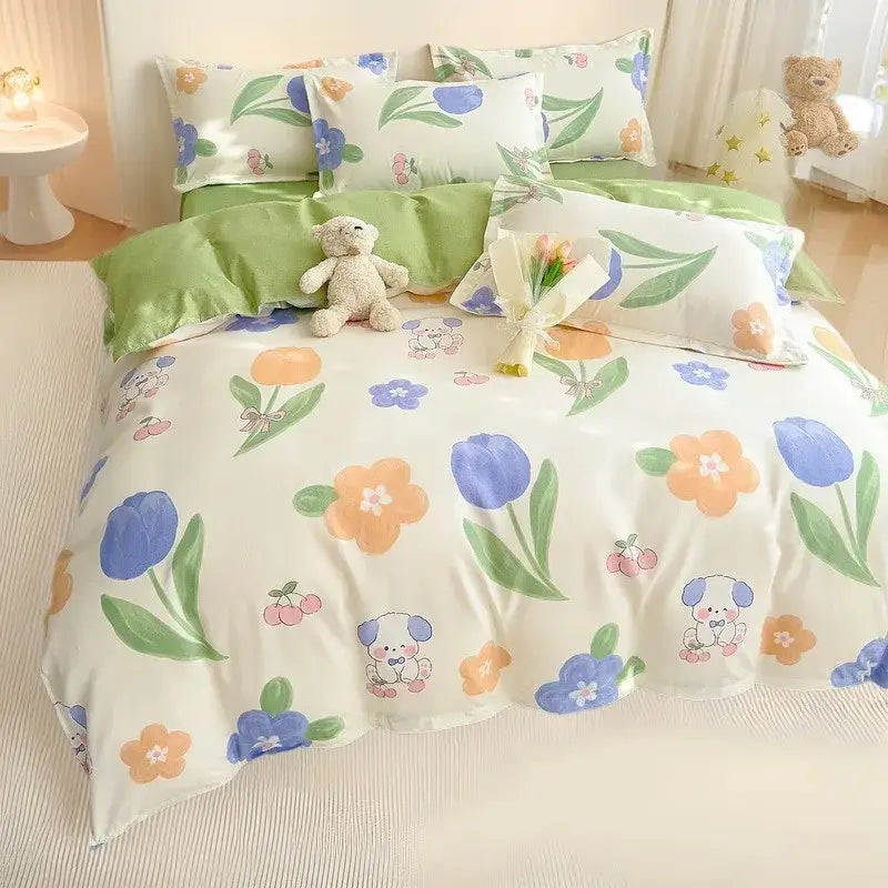 Floral puppy cotton printed bedding set bedroom duvet cover