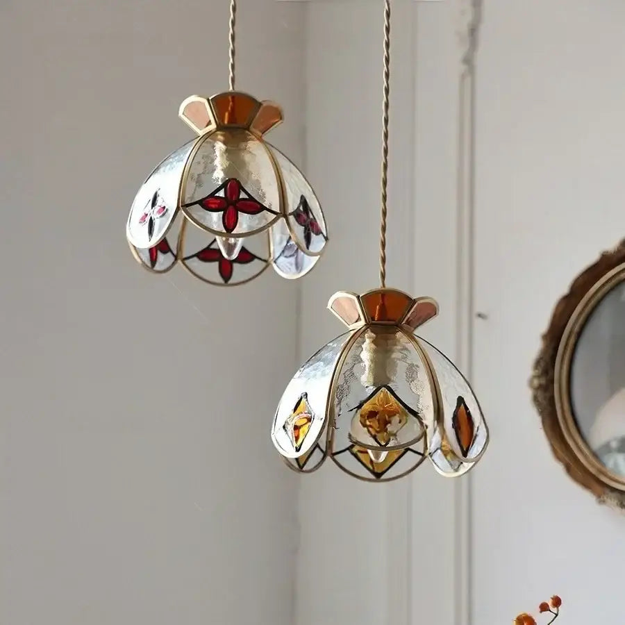 Floral red and amber glass pendant lamp dining room hanging light