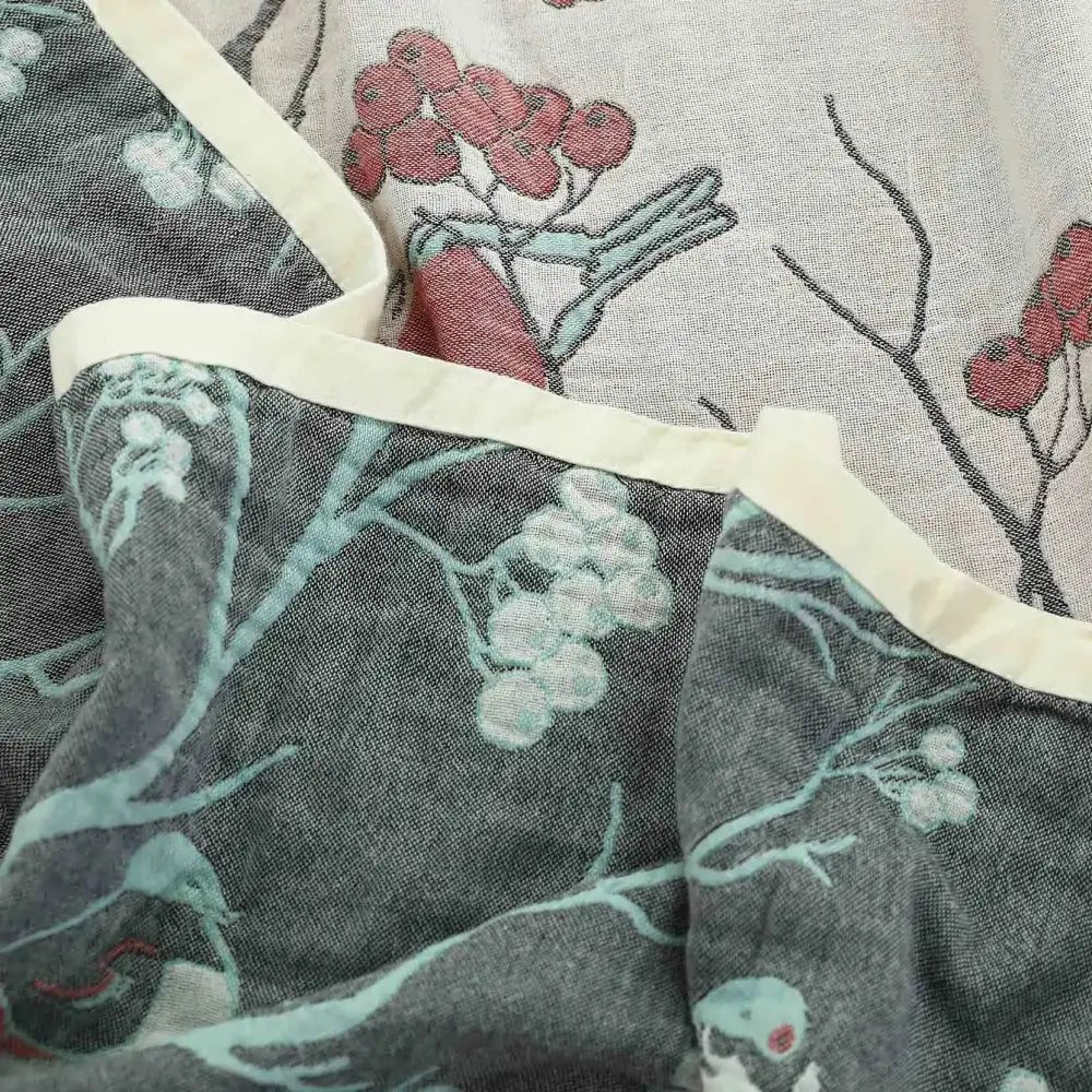 Floral red bird cream cotton gauze summer blanket bedroom throw