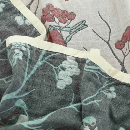 Floral red bird cream cotton gauze summer blanket bedroom throw