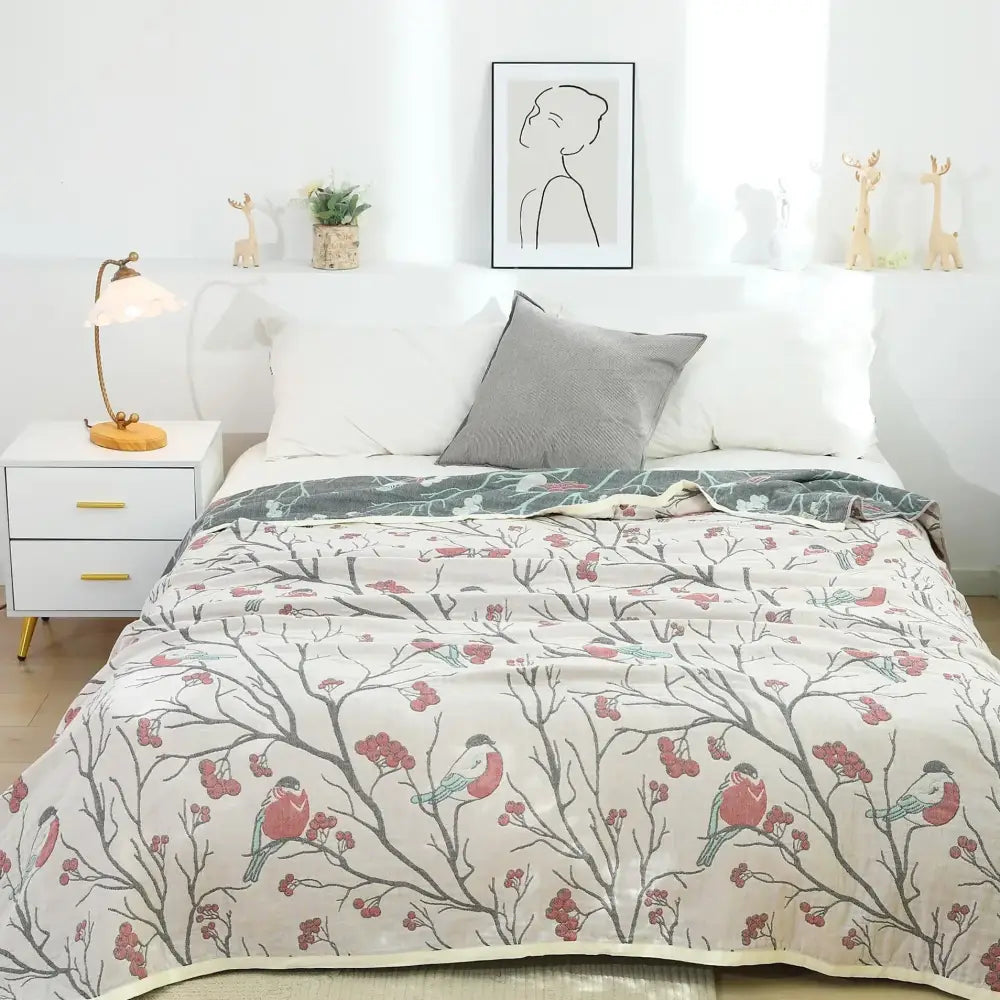 Floral red bird cream cotton gauze summer blanket bedroom throw