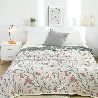 Floral red bird cream cotton gauze summer blanket bedroom throw