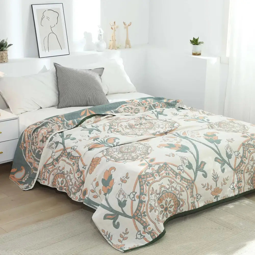 Floral red bird cream cotton gauze summer blanket bedroom throw