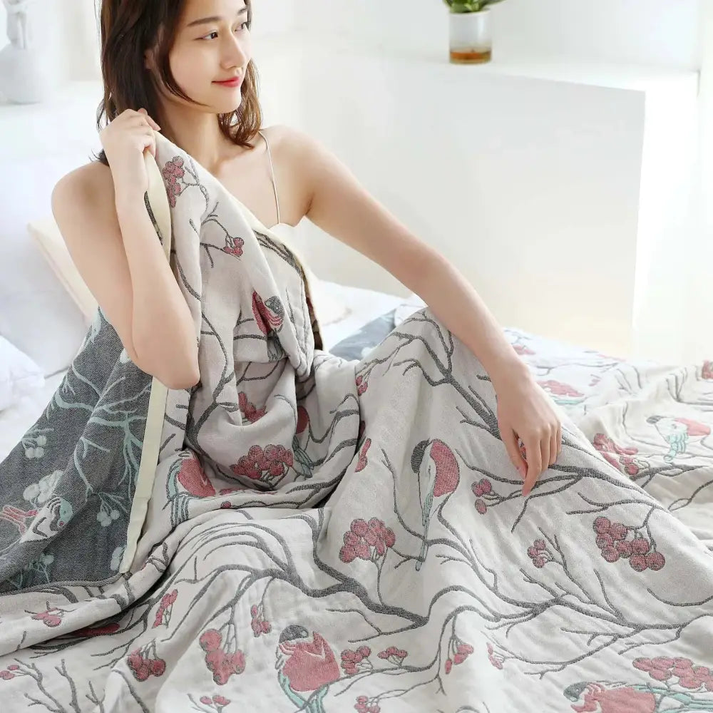 Floral red bird cream cotton gauze summer blanket bedroom throw