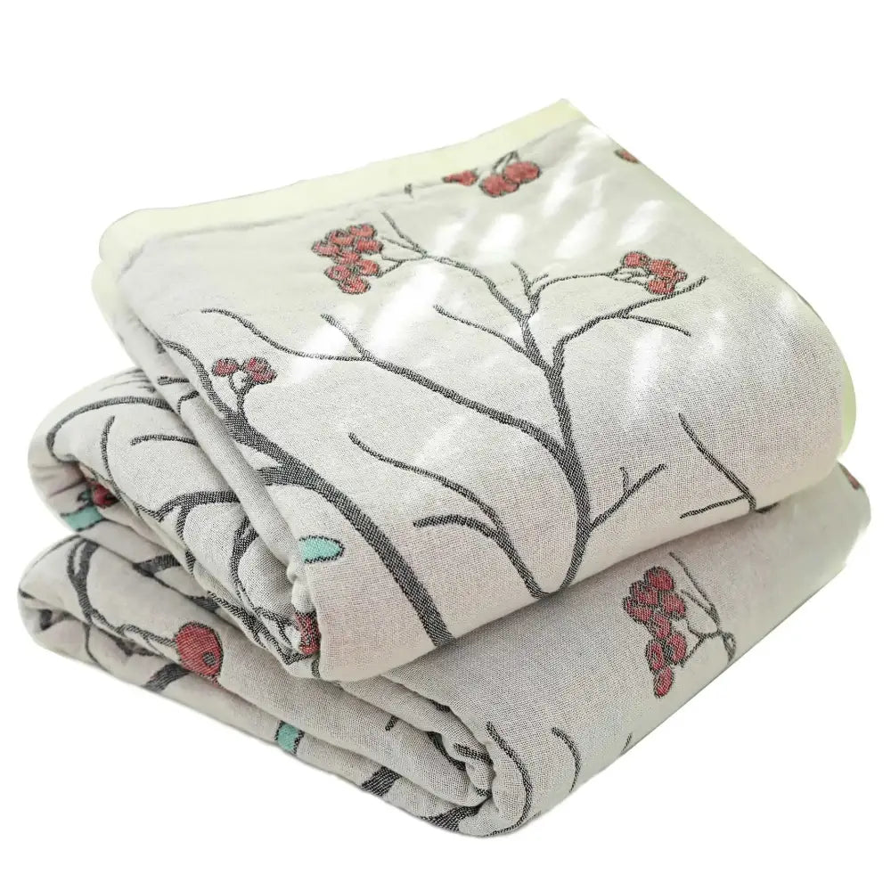 Floral red bird cream cotton gauze summer blanket bedroom throw