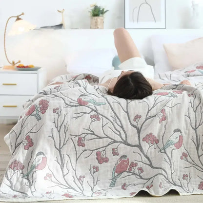 Floral red bird cream cotton gauze summer blanket bedroom throw