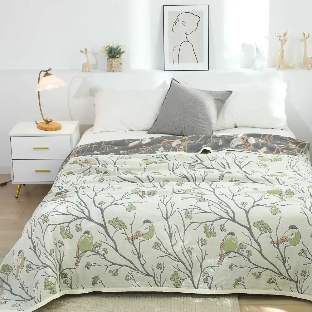 Floral red bird cream cotton gauze summer blanket bedroom throw