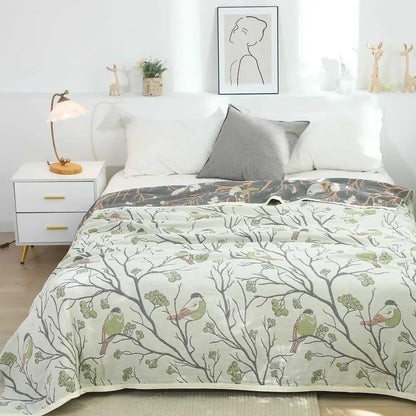 Floral red bird cream cotton gauze summer blanket bedroom throw