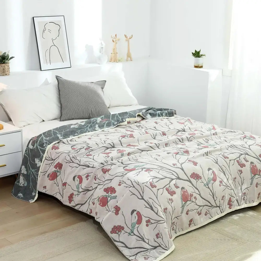 Floral red bird cream cotton gauze summer blanket bedroom throw