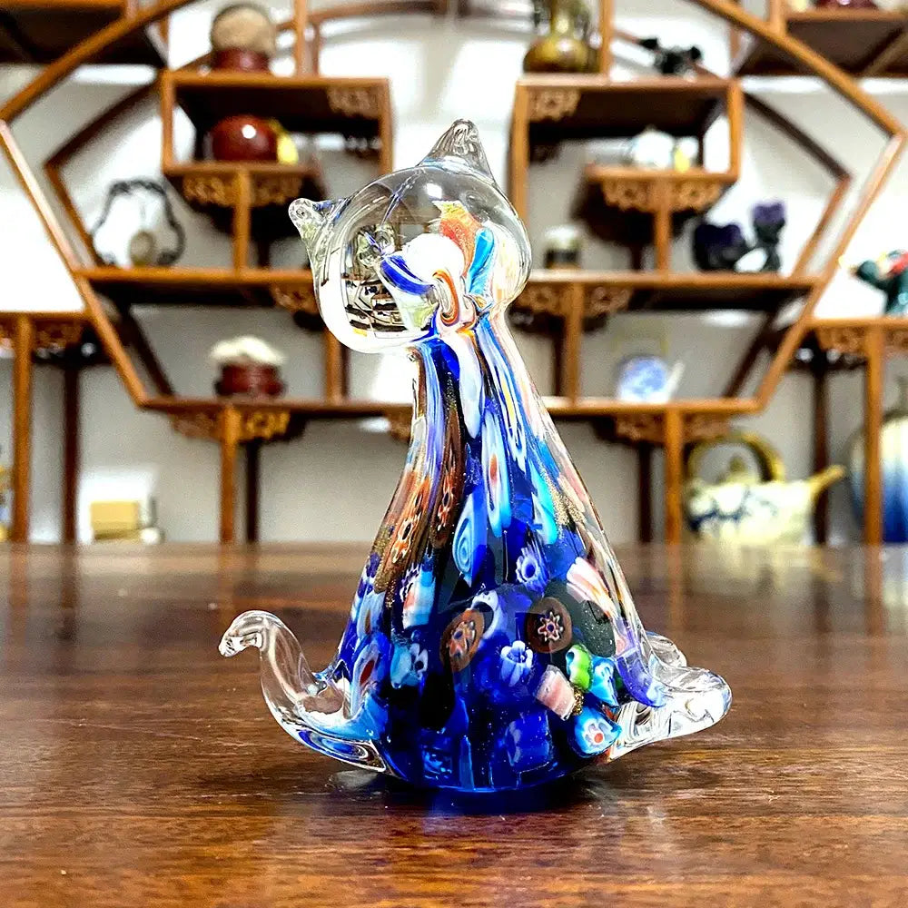 Floral red cat glass figurine living room cute cat decor