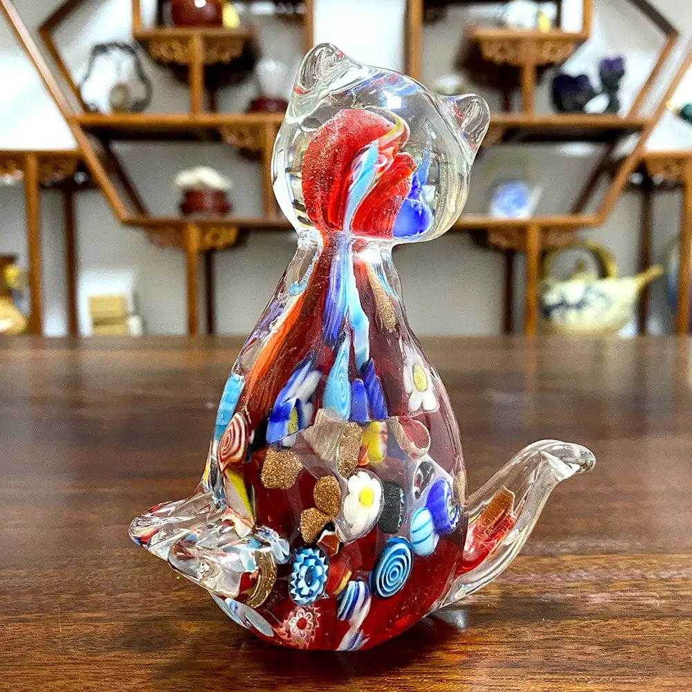 Floral red cat glass figurine living room cute cat decor