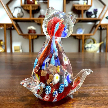Floral red cat glass figurine living room cute cat decor