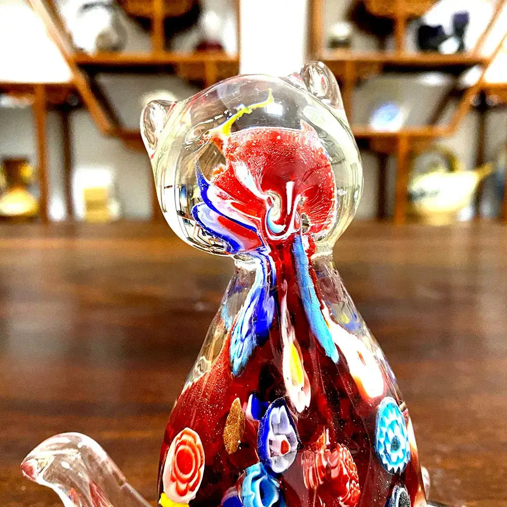 Floral red cat glass figurine living room cute cat decor