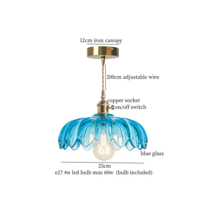 Floral red glass pendant lamp for bedroom with brass hardware