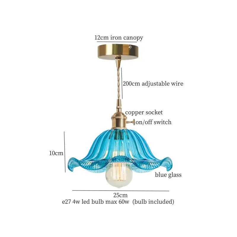 Floral red glass pendant lamp for bedroom with brass hardware