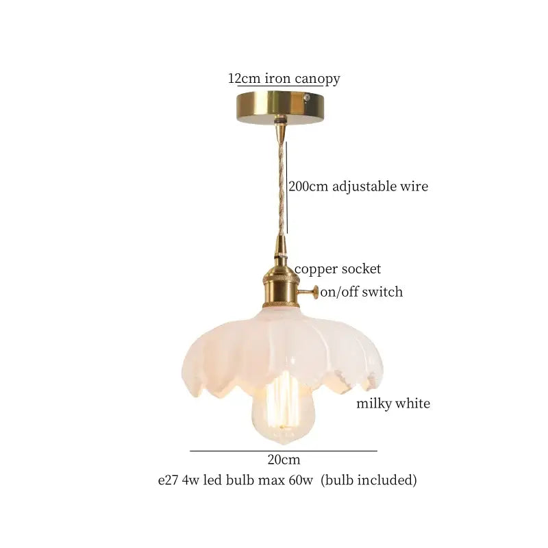 Floral red glass pendant lamp for bedroom with brass hardware