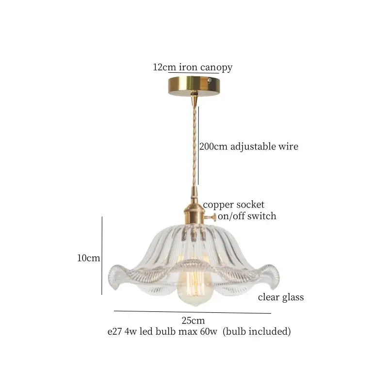 Floral red glass pendant lamp for bedroom with brass hardware