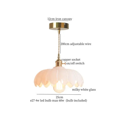 Floral red glass pendant lamp for bedroom with brass hardware