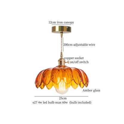 Floral red glass pendant lamp for bedroom with brass hardware