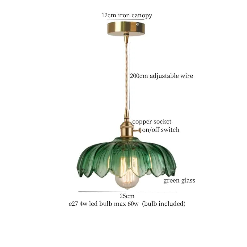 Floral red glass pendant lamp for bedroom with brass hardware