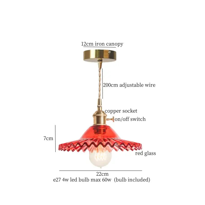 Floral red glass pendant lamp for bedroom with brass hardware