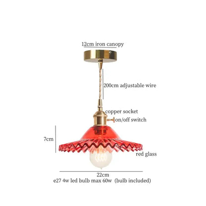 Floral red glass pendant lamp for bedroom with brass hardware