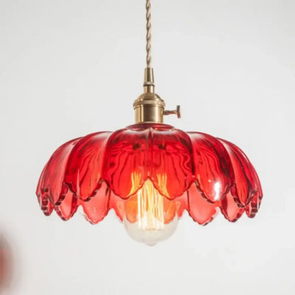 Floral red glass pendant lamp for bedroom with brass hardware