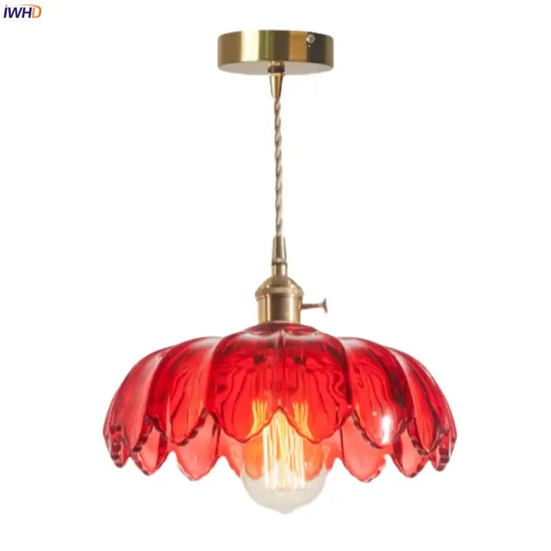 Floral red glass pendant lamp for bedroom with brass hardware