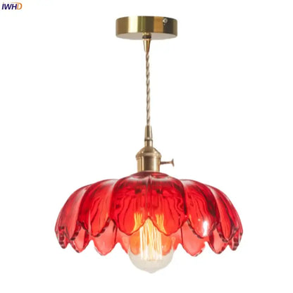 Floral red glass pendant lamp for bedroom with brass hardware