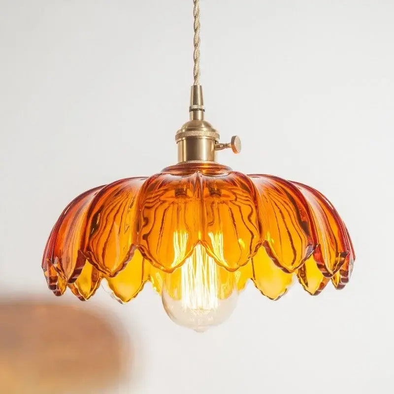 Floral red glass pendant lamp for bedroom with brass hardware