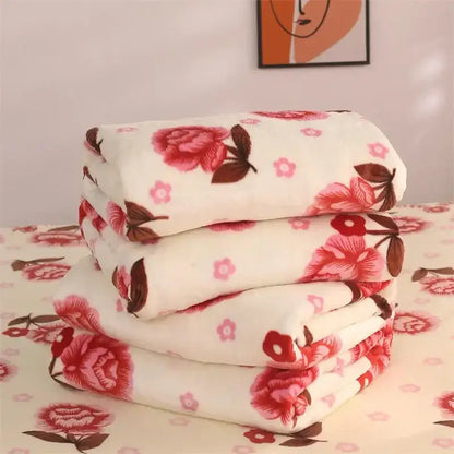 Floral red & pink coral fleece flannel flower blanket bedroom decor