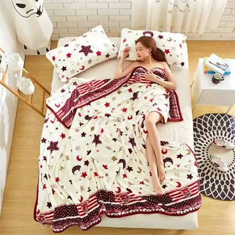 Floral red & pink coral fleece flannel flower blanket bedroom decor