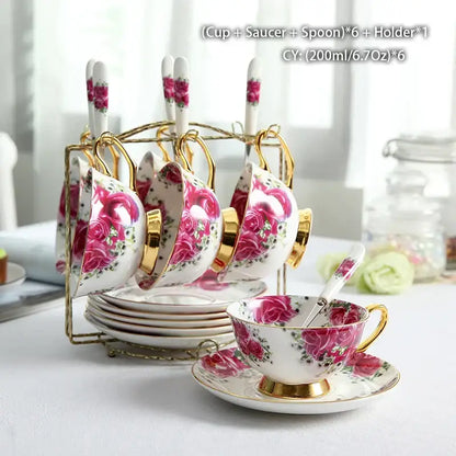 Floral red rose bone china tea set – dining room porcelain set
