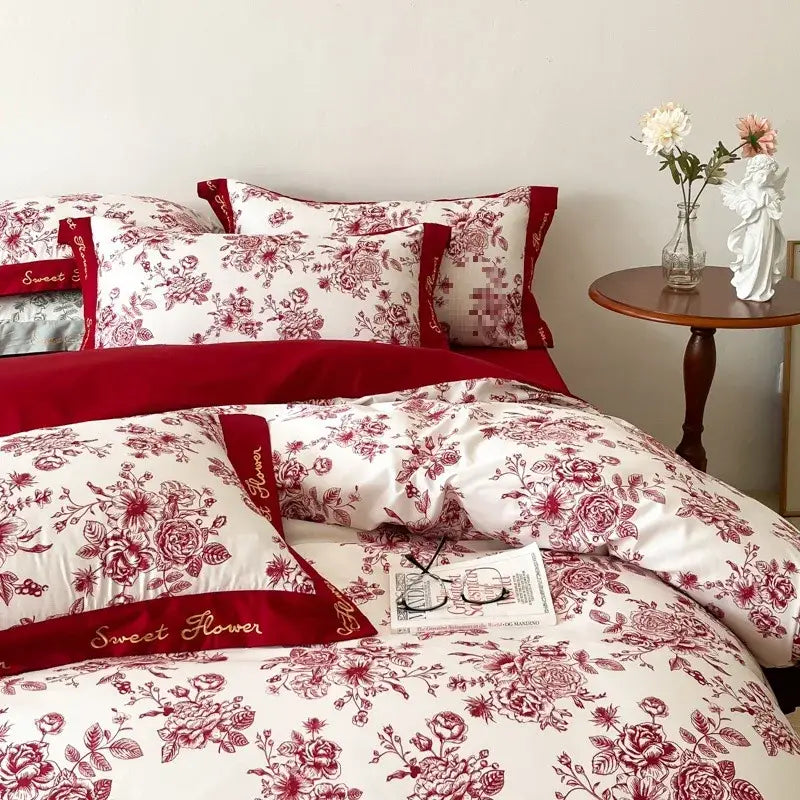 Floral red & white cotton wide edge bedding sets bedroom decor