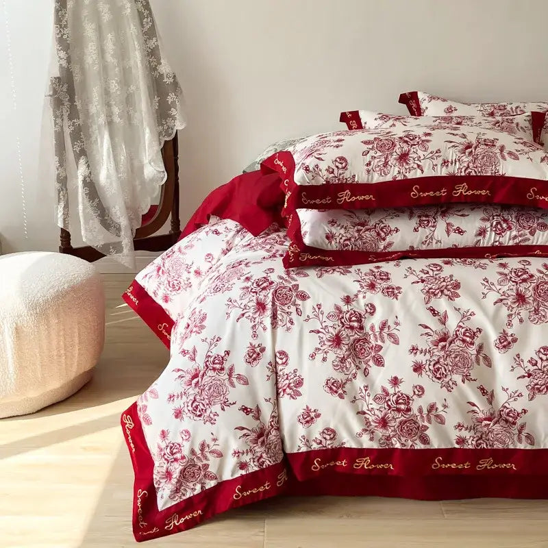 Floral red & white cotton wide edge bedding sets bedroom decor