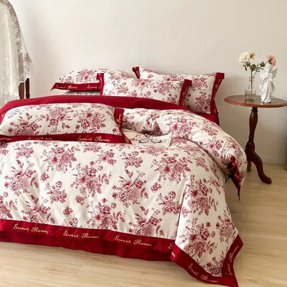 Floral red & white cotton wide edge bedding sets bedroom decor