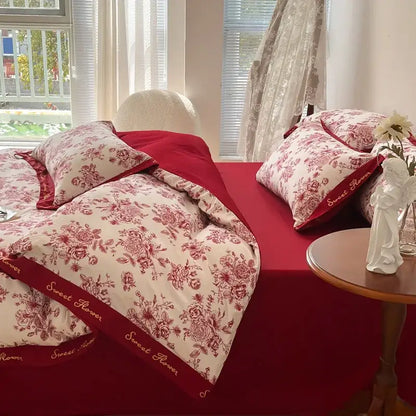 Floral red & white cotton wide edge bedding sets bedroom decor