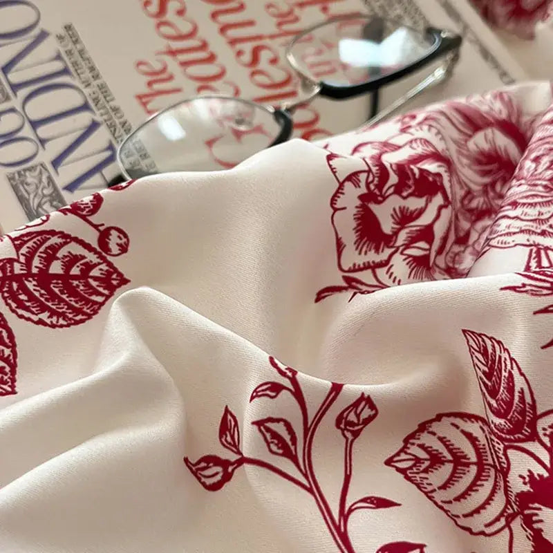 Floral red & white cotton wide edge bedding sets bedroom decor