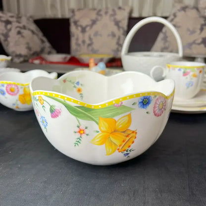 Floral scalloped white porcelain tulip dinnerware set dining room