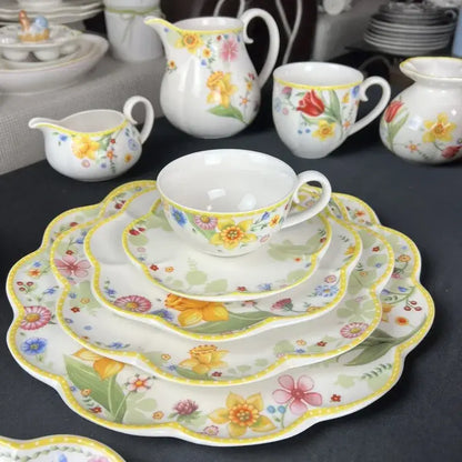 Floral scalloped white porcelain tulip dinnerware set dining room