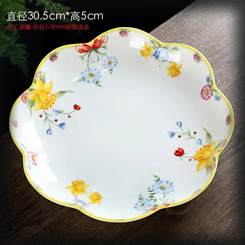 Floral scalloped white porcelain tulip dinnerware set dining room