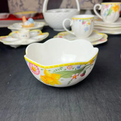 Floral scalloped white porcelain tulip dinnerware set dining room