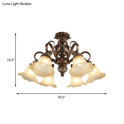 DecorBites™ Floral Shade Semi Flush Light with Opal Glass - Countryside Brown Close to Ceiling Lamp for Living Room (5/6/8 Lights)
