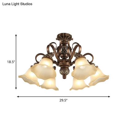 DecorBites™ Floral Shade Semi Flush Light with Opal Glass - Countryside Brown Close to Ceiling Lamp for Living Room (5/6/8 Lights)