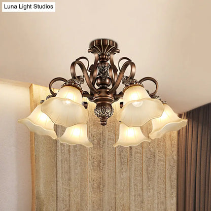 DecorBites™ Floral Shade Semi Flush Light with Opal Glass - Countryside Brown Close to Ceiling Lamp for Living Room (5/6/8 Lights)