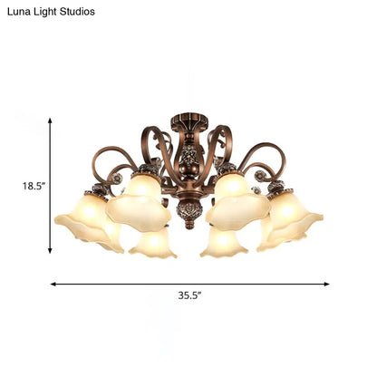 DecorBites™ Floral Shade Semi Flush Light with Opal Glass - Countryside Brown Close to Ceiling Lamp for Living Room (5/6/8 Lights)