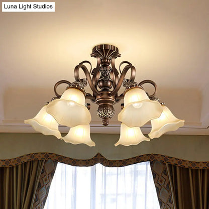 DecorBites™ Floral Shade Semi Flush Light with Opal Glass - Countryside Brown Close to Ceiling Lamp for Living Room (5/6/8 Lights)