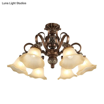 DecorBites™ Floral Shade Semi Flush Light with Opal Glass - Countryside Brown Close to Ceiling Lamp for Living Room (5/6/8 Lights)