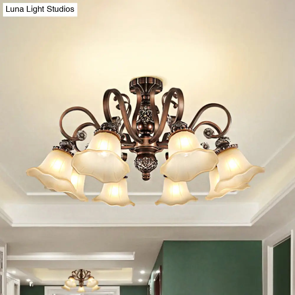 DecorBites™ Floral Shade Semi Flush Light with Opal Glass - Countryside Brown Close to Ceiling Lamp for Living Room (5/6/8 Lights)