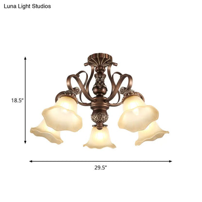 DecorBites™ Floral Shade Semi Flush Light with Opal Glass - Countryside Brown Close to Ceiling Lamp for Living Room (5/6/8 Lights)